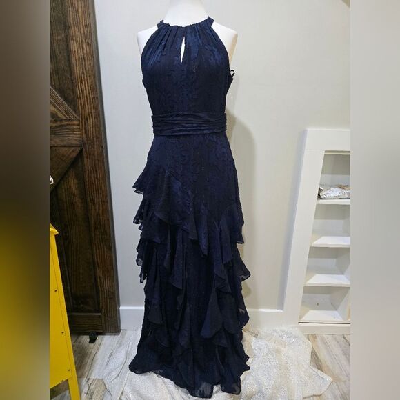 XSCAPE Petite Chiffon Ruffled Halter Gown NWT Size 8P Navy Blue - Picture 3 of 5